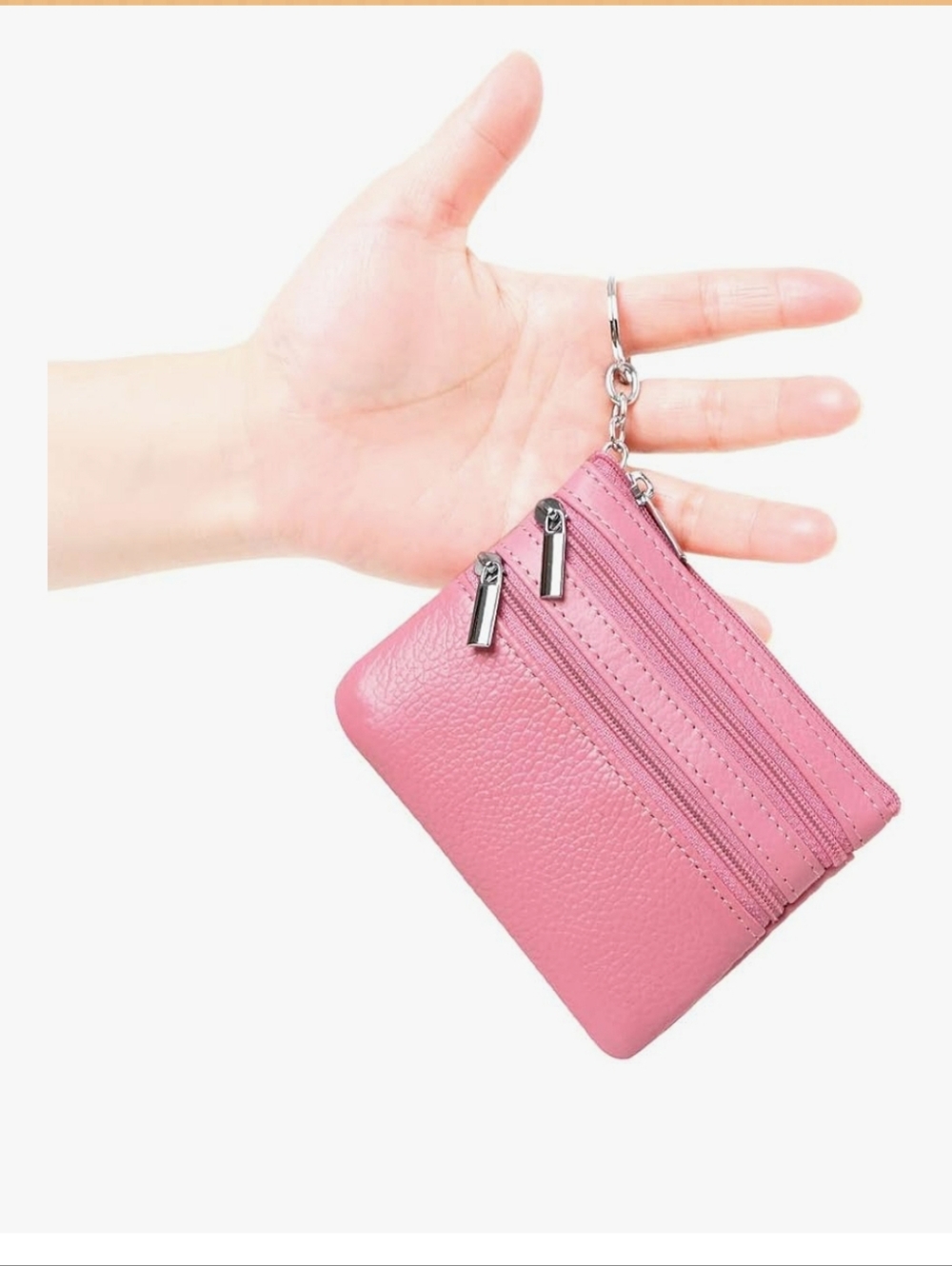 Pink Triple-Zip Genuine Leather Coin Pouch - Picture 2 of 6